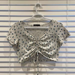 White Cropped Floral Drawstring T-Shirt